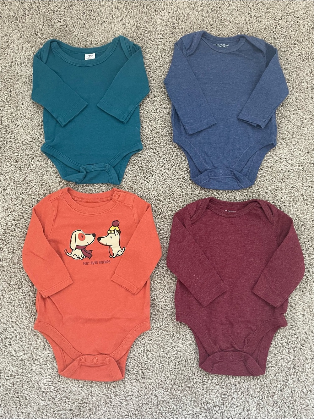 Set of 4 Long-Sleeve Baby One-Piece Bodysuits - Teal, Blue, Orange, Burgundy